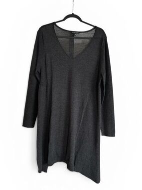Eileen Fisher Lightweight Merino Wool Tunic Sweater Charcoal Gray V Neck XL